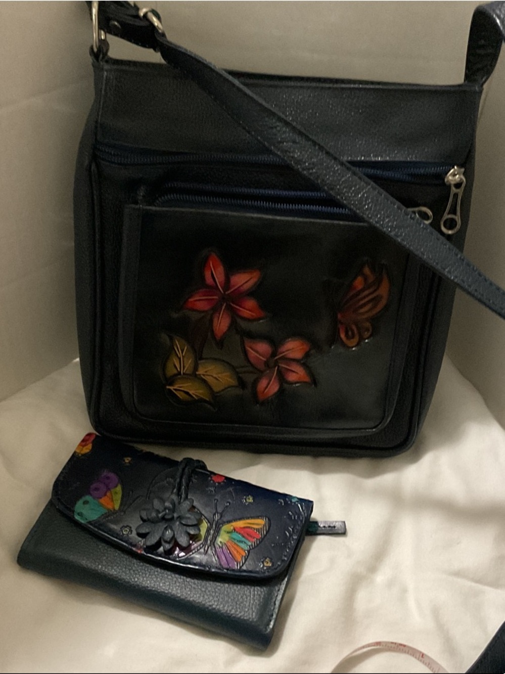 Dark blue Floral hand painted cRoss body Bag - Women's . ( free wallet) - Picture 11 of 12